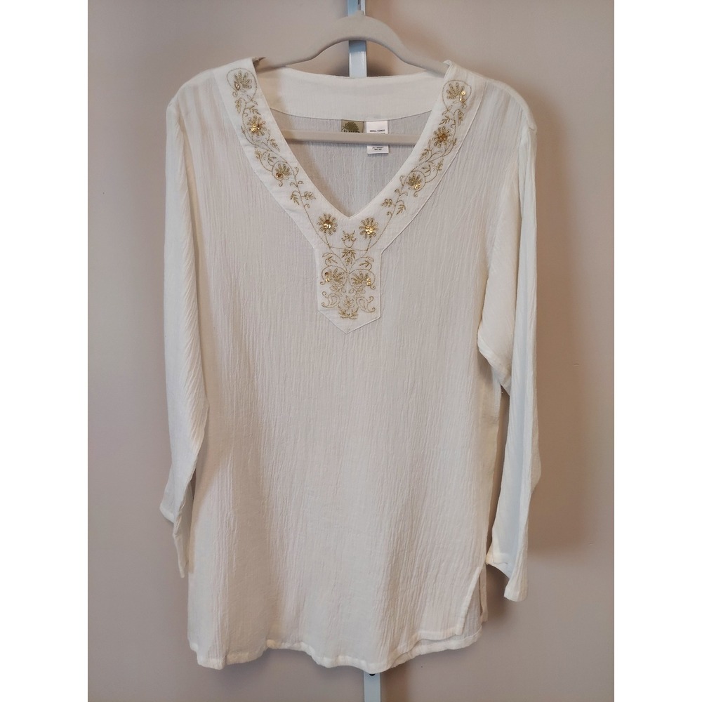 Islander Womens White Cotton Gauze Embroidered Sequin Tunic Top S Resort Beach